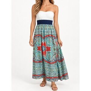 Trixxi Strapless Maxi Dress XL White Lace Paisley Print Boho Summer Beach Teal